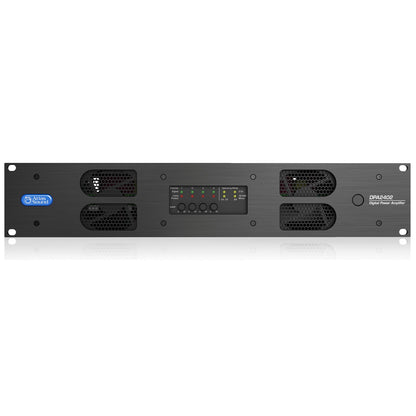 DPA2402 front panel straight-on view with signal/limit LEDs, four level controls and operating mode indicators, AtlasIED