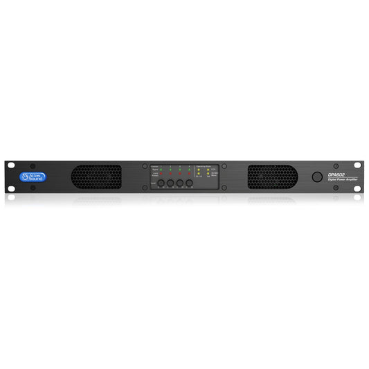DPA602 600W networkable power amplifier front panel with four channel level knobs, signal/limit LEDs and operating mode indicators, AtlasIED