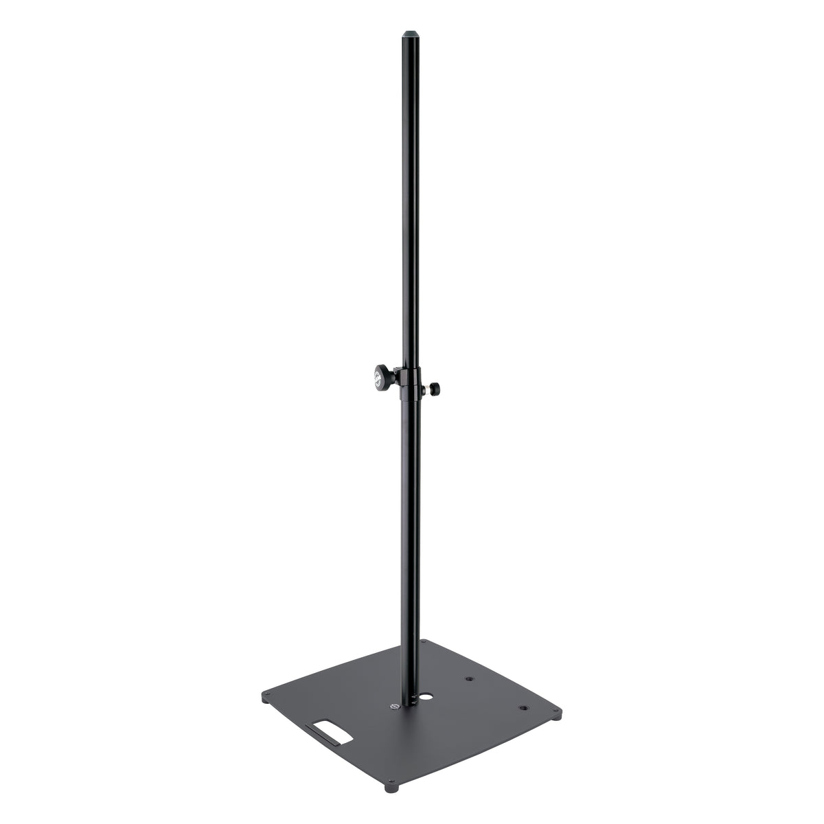 26727 Heavy-Duty Pro tripod speaker stand front view with black square base plate, telescopic pole and clamp knob, K&M