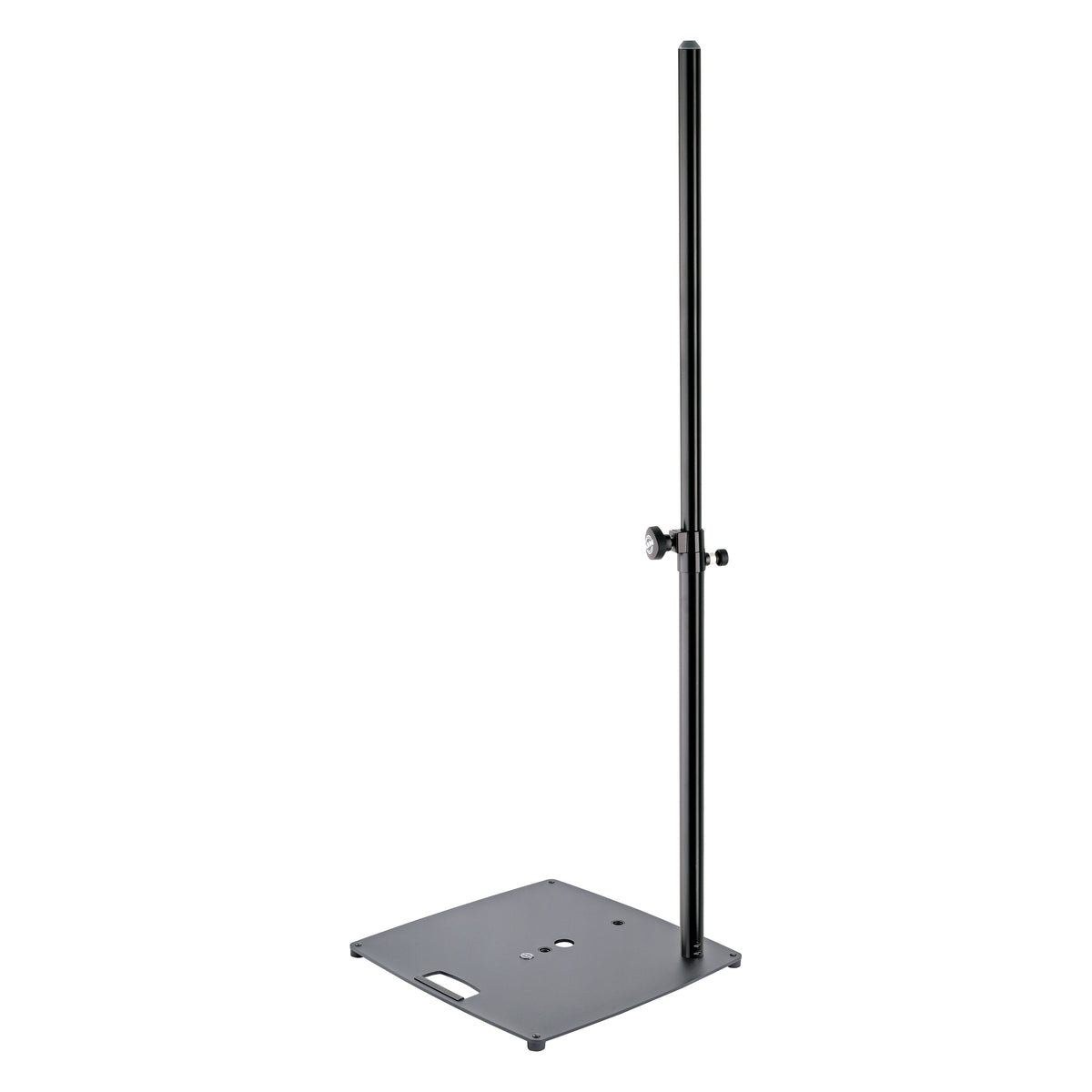 26727 Heavy-Duty Pro speaker stand angled view of square steel base plate with handle cutout, mounting holes and offset pole, K&M