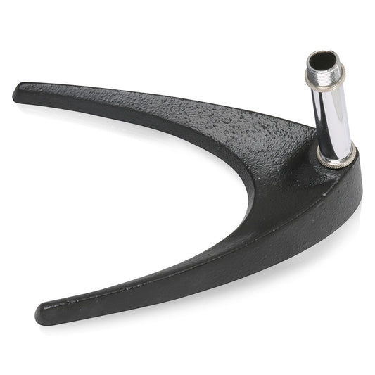 AtlasIED DS14 die-cast wishbone microphone stand base with chrome threaded shaft, angled view