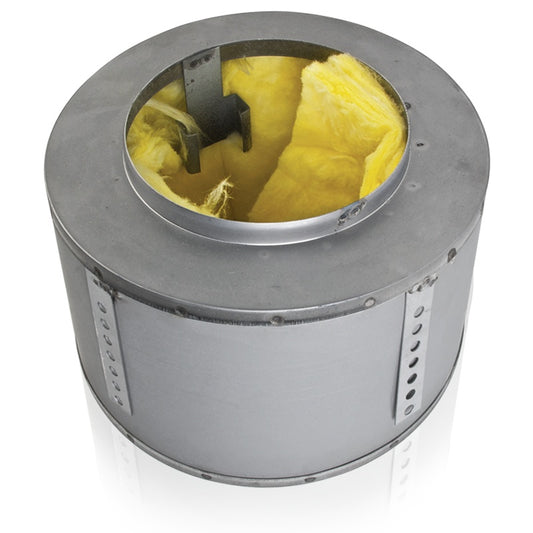 AtlasIED E410 round steel speaker back can enclosure, angled view showing yellow insulation and mounting straps