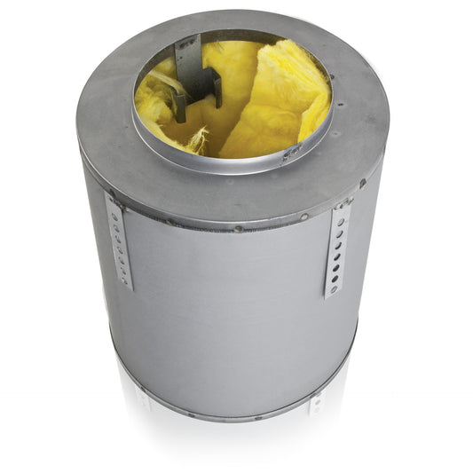 AtlasIED E410-11NK round steel speaker enclosure, angled top view showing yellow insulation and mounting tabs