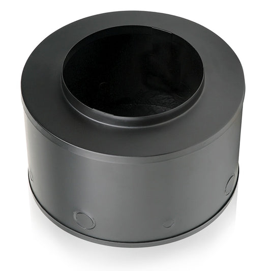 AtlasIED E410NT 4" in-wall enclosure, angled view of black round back can with knockouts