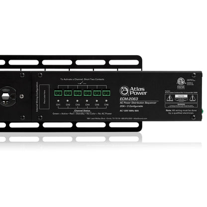 ECM-2063 AC power distribution sequencer raceway front detail showing six green Phoenix control connectors and CH1-CH6 channel status LEDs, AtlasIED