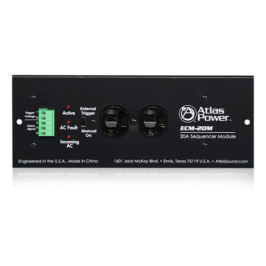 AtlasIED ECM-20M 20A sequencer module front panel with status LEDs, terminal block, and two AC outlets