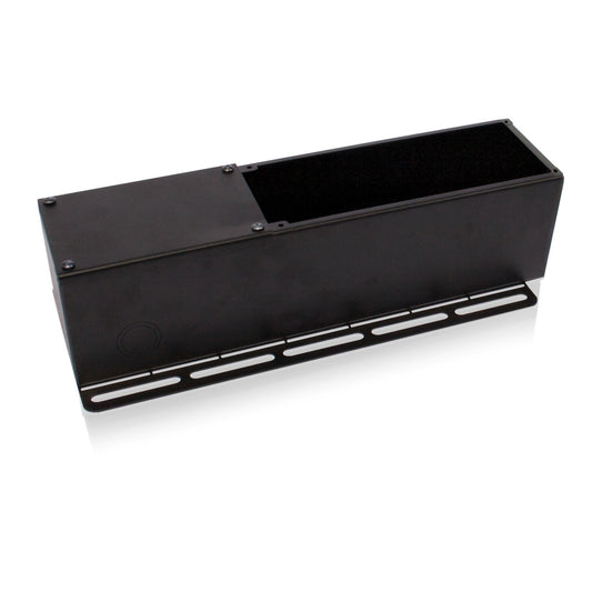 AtlasIED ECM-RACEWY1 black electrical housing shown at an angle with open module bay and slotted mounting flange