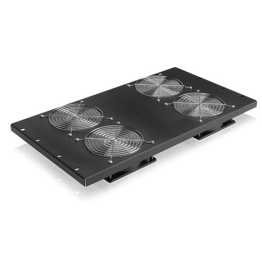 AtlasIED EFT6-4 top-mount rack fan panel, angled view of black plate with four wire-guarded fans