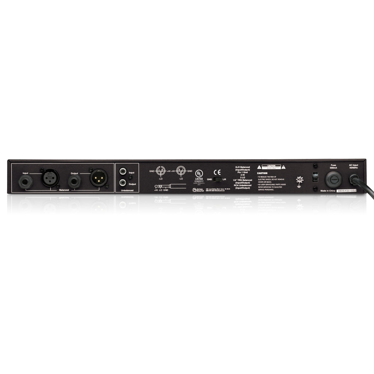 EQM131 1/3 octave graphic equalizer rear panel with balanced XLR and 1/4-inch TRS input/output jacks, RCA unbalanced connectors, ground lift switch and AC input, AtlasIED