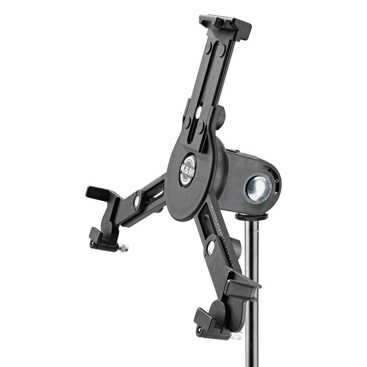 19790 universal tablet holder front three-quarter view with extended clamp arms and K&M logo disc mounted on a stand tube, K&M