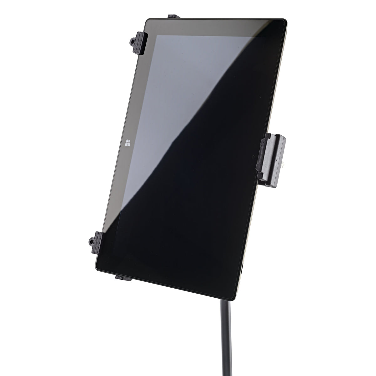 19790 tablet holder in portrait orientation with a tablet secured by upper, lower and side clamps on a stand, K&M