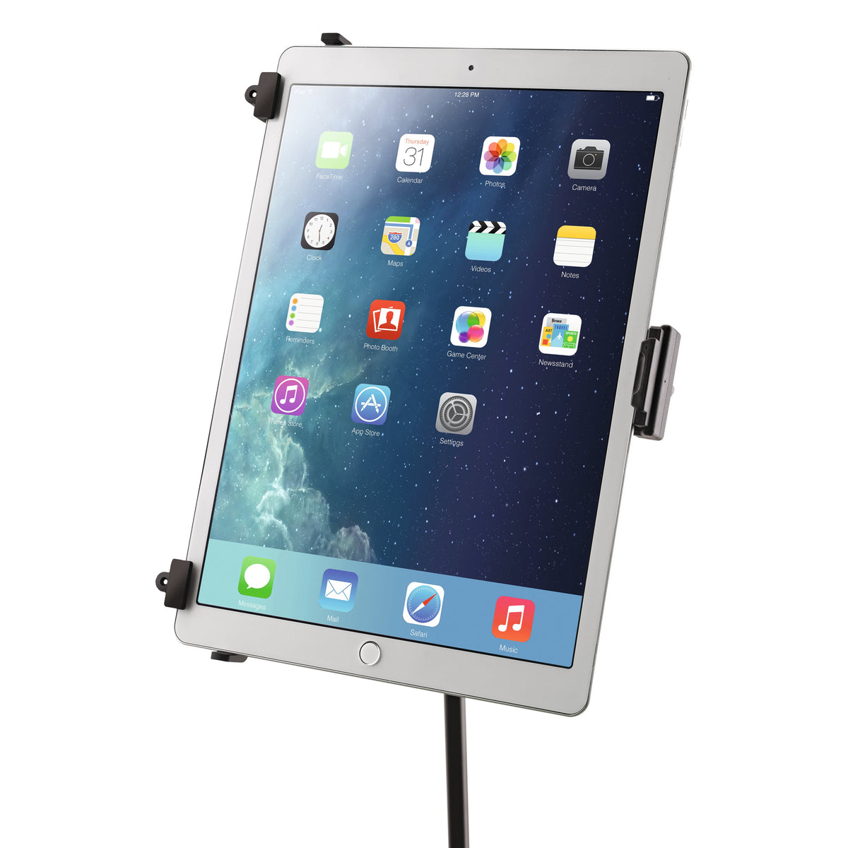 19790 tablet holder gripping a large iPad in portrait orientation with the home screen visible, K&M