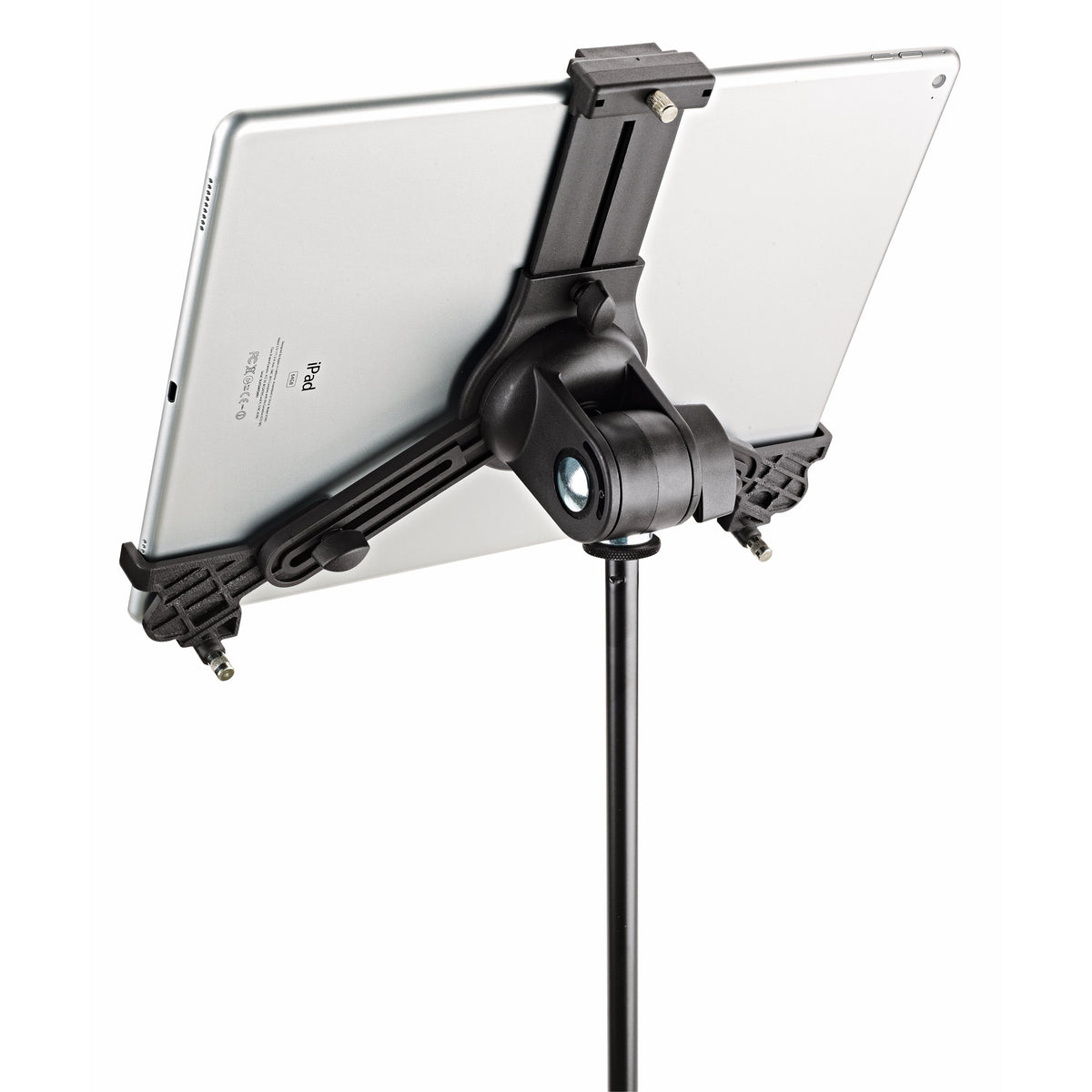 19790 tablet holder rear view showing the swivel joint, 3/8 inch threaded stand mount and clamp arms holding an iPad Pro, K&M