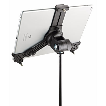19790 tablet holder rear view showing the swivel joint, 3/8 inch threaded stand mount and clamp arms holding an iPad Pro, K&M