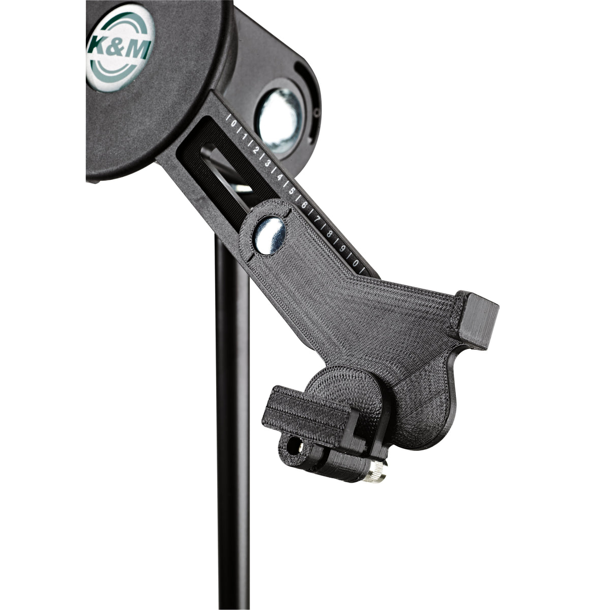 19790 tablet holder clamp arm detail showing the numbered width scale, locking screw and K&M logo disc, K&M