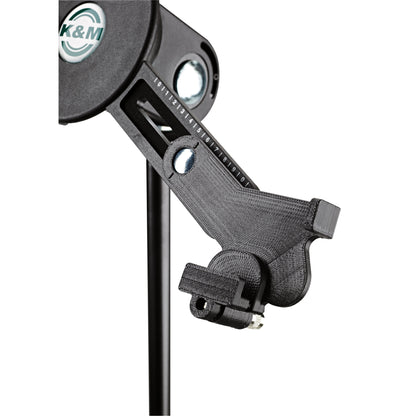 19790 tablet holder clamp arm detail showing the numbered width scale, locking screw and K&M logo disc, K&M