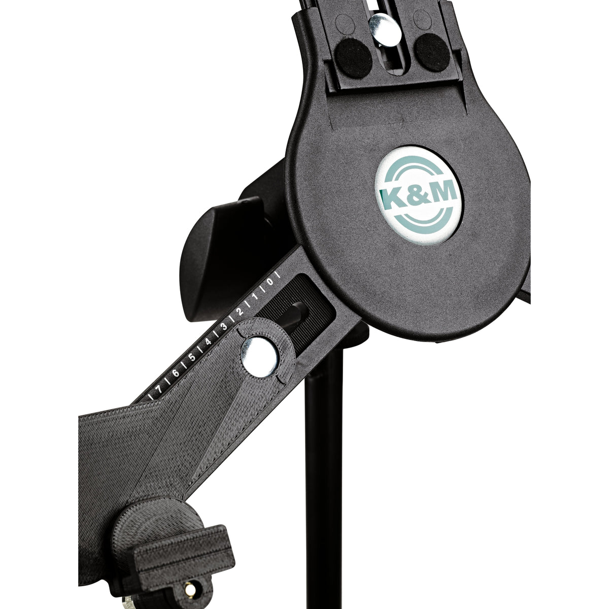19790 tablet holder close-up of K&M logo disc, scaled adjustment arm and felt-padded top clamp, K&M
