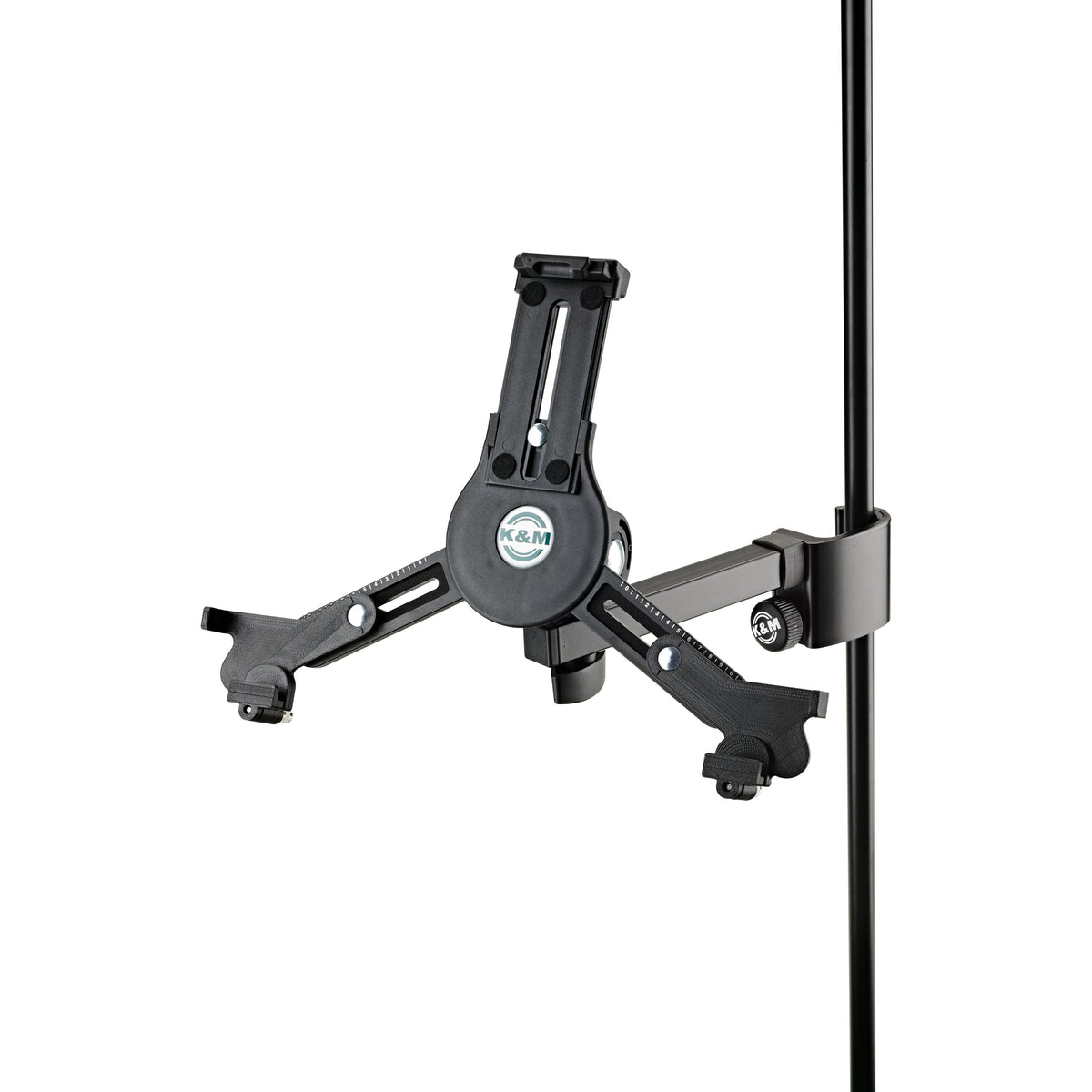 19791 universal tablet holder front view, empty, with K&M logo hub, adjustable slotted arms and clamp on mic stand tube, K&M