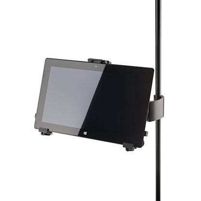 19791 universal tablet holder in use, holding a Windows tablet in landscape orientation on a stand tube, K&M