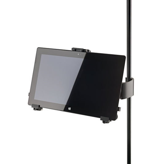 19791 universal tablet holder in use, holding a Windows tablet in landscape orientation on a stand tube, K&M