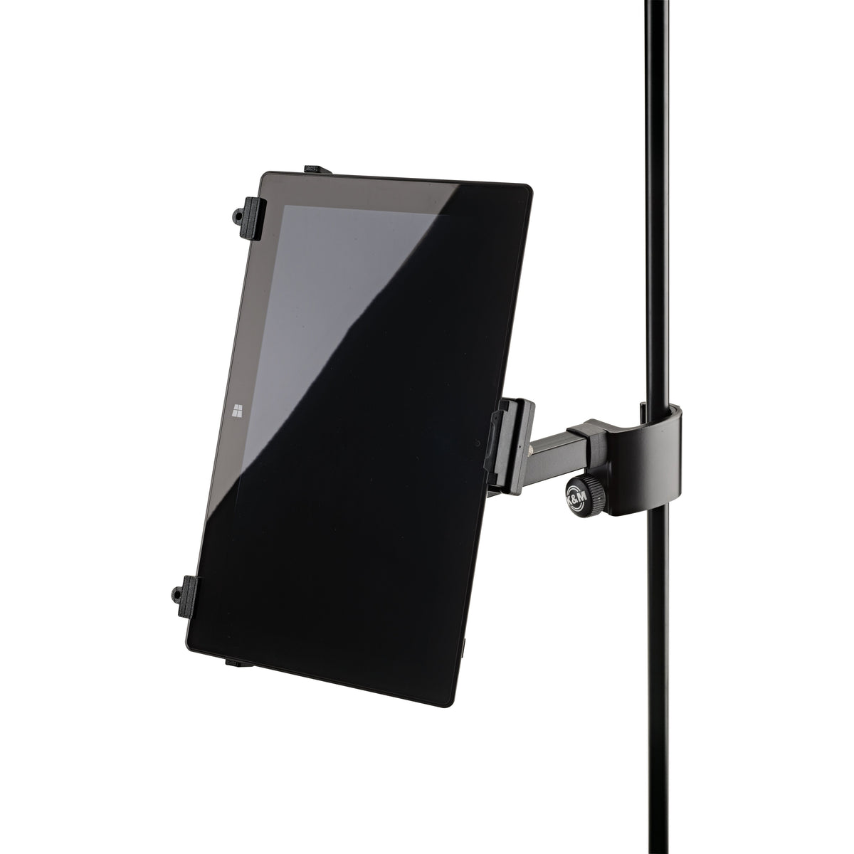 19791 universal tablet holder in use, holding a Windows tablet in portrait orientation on an extension arm with clamp knob, K&M