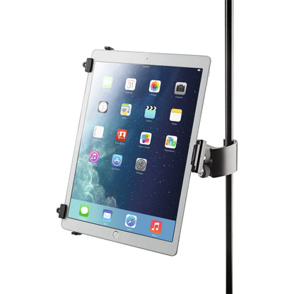19791 universal tablet holder in use, gripping a large iPad in portrait orientation with corner clips and stand clamp, K&M