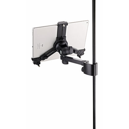 19791 universal tablet holder rear view showing swivel joint, extension arm and clamp supporting an iPad Pro on a stand tube, K&M