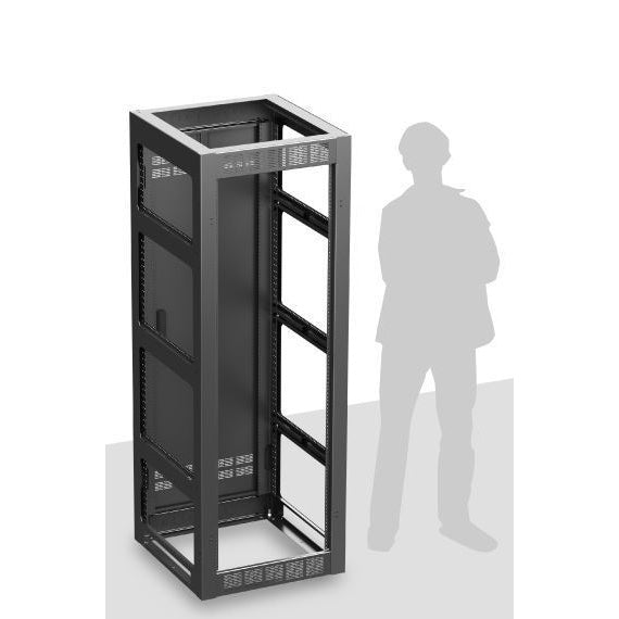 AtlasIED FMA35-25G 35RU steel rack cabinet shown beside a human silhouette for height scale