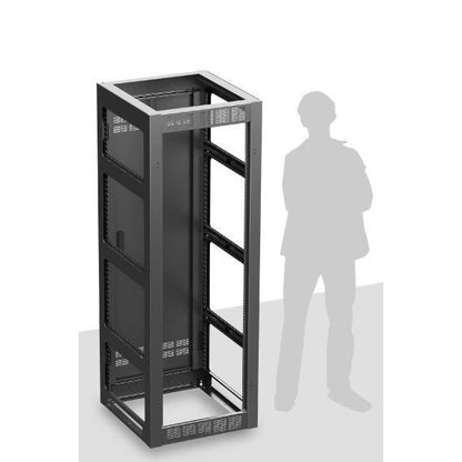 AtlasIED FMA35-25G 35RU steel rack cabinet shown beside a human silhouette for height scale
