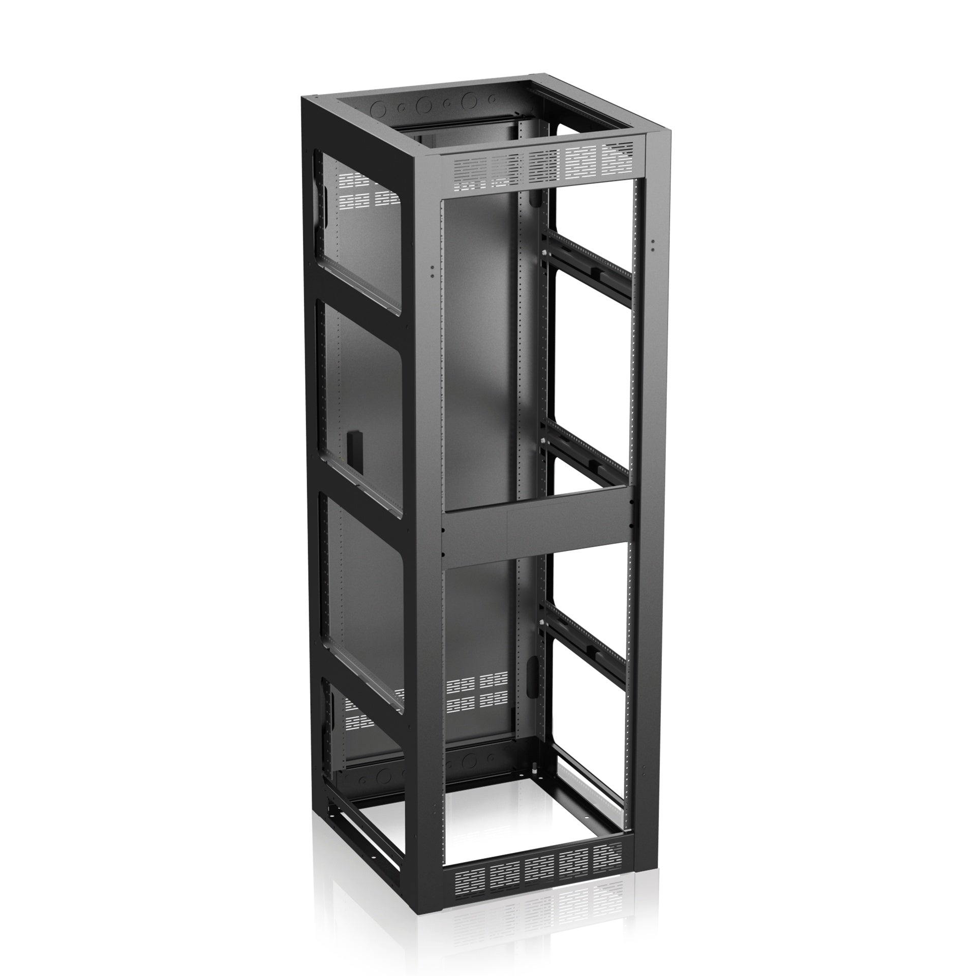 AtlasIED FMA35-25G gangable rack cabinet angled view with vented top and open frame rails