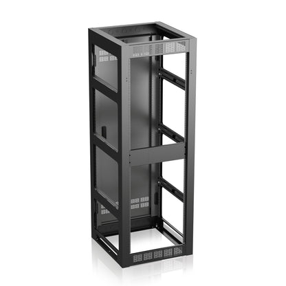 AtlasIED FMA35-25G gangable rack cabinet angled view with vented top and open frame rails