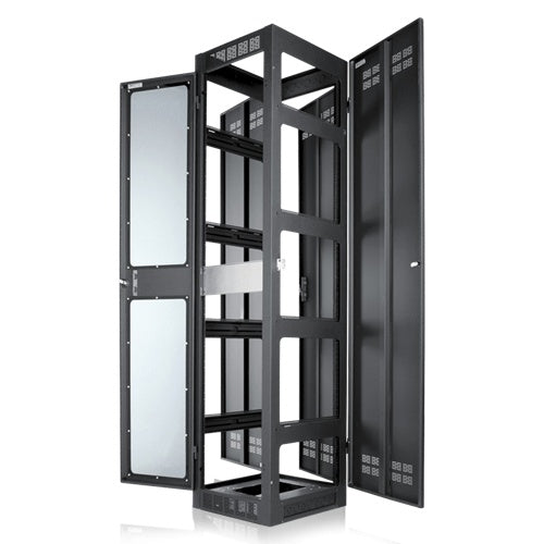AtlasIED FMA35-25G rack cabinet with front and rear doors swung open showing interior rails
