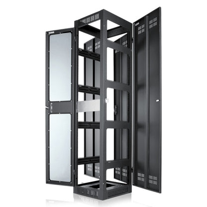 AtlasIED FMA35-25G rack cabinet with front and rear doors swung open showing interior rails