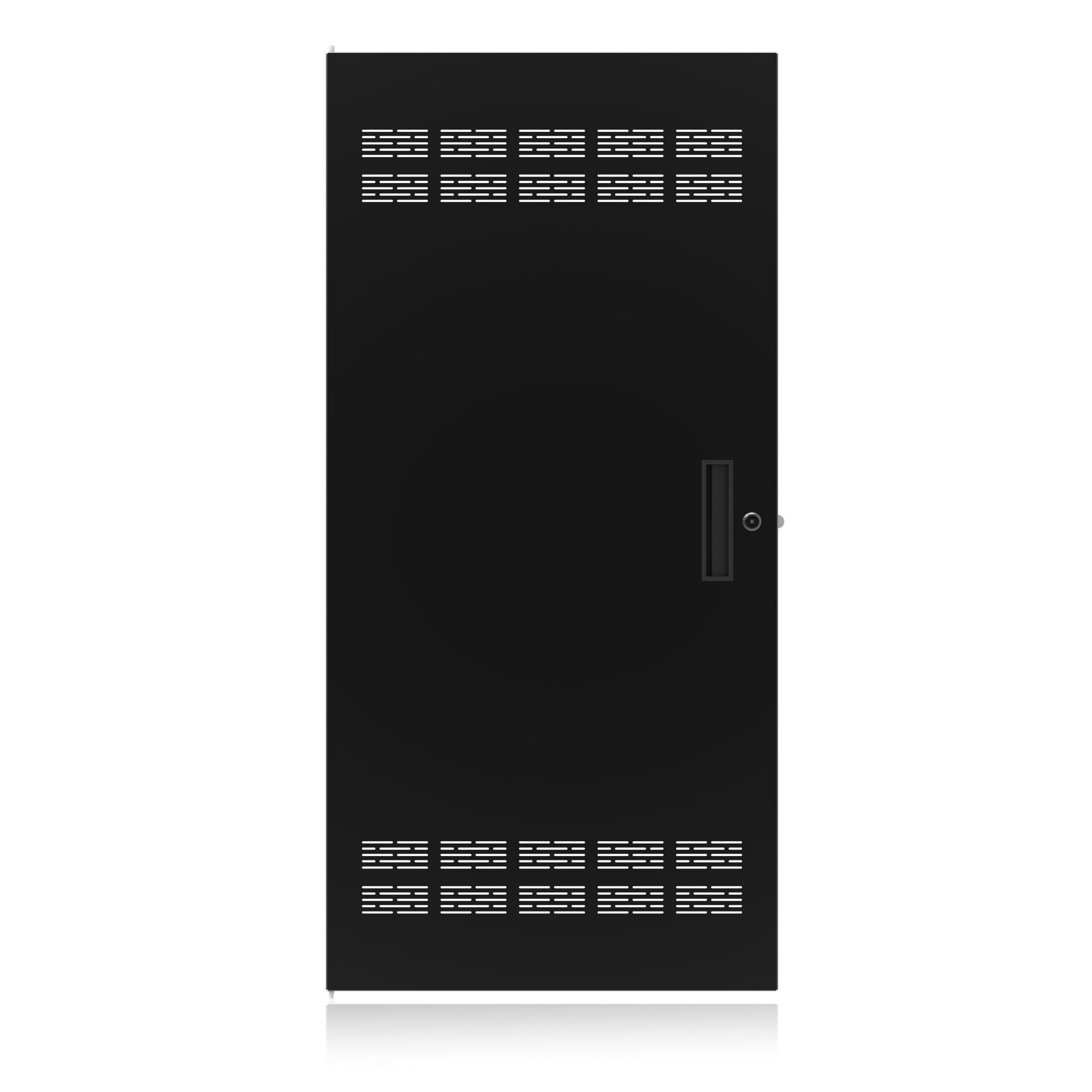 AtlasIED FRD24 flush rear rack door in black with top and bottom vent slots and recessed latch
