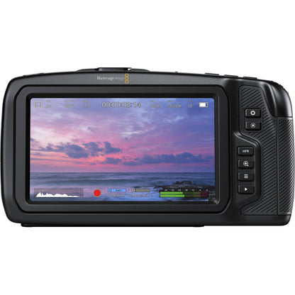 Blackmagic Design Pocket Cinema Camera 4K rear touchscreen showing live view with recording status and audio meters