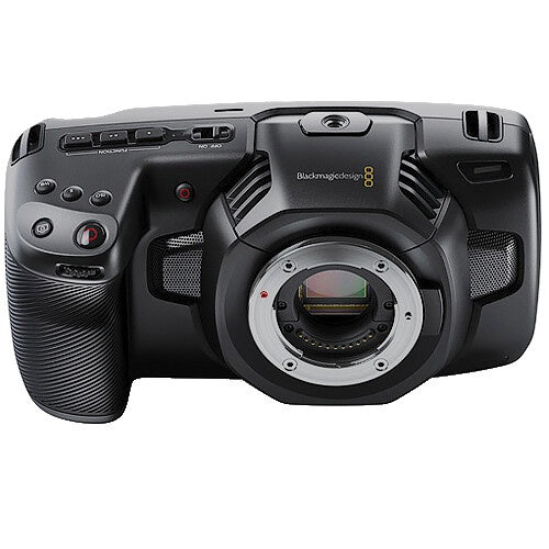 Blackmagic Design Pocket Cinema Camera 4K angled view of exposed sensor and open lens mount with top controls