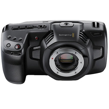 Blackmagic Design Pocket Cinema Camera 4K angled view of exposed sensor and open lens mount with top controls