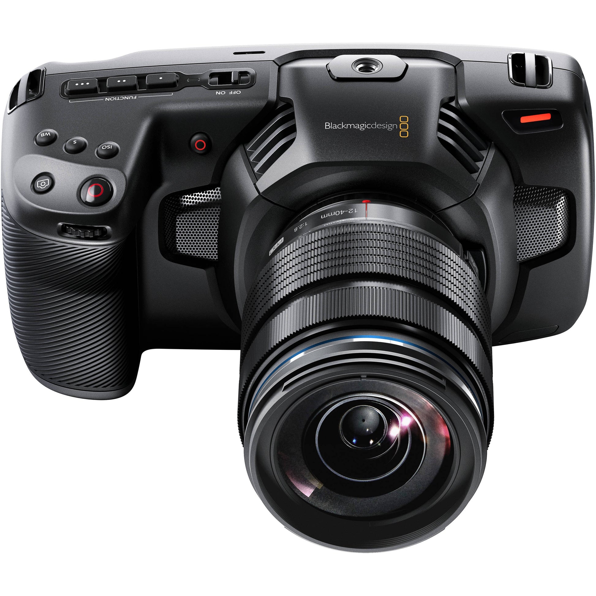 Blackmagic Design Pocket Cinema Camera 4K front view with zoom lens fitted and function buttons on grip