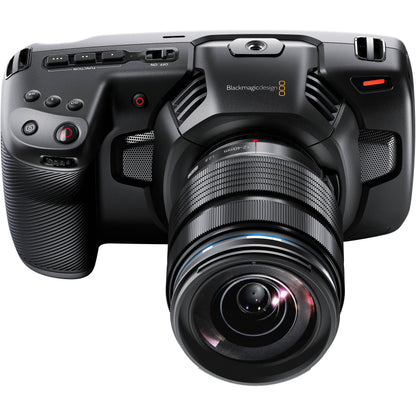 Blackmagic Design Pocket Cinema Camera 4K front view with zoom lens fitted and function buttons on grip