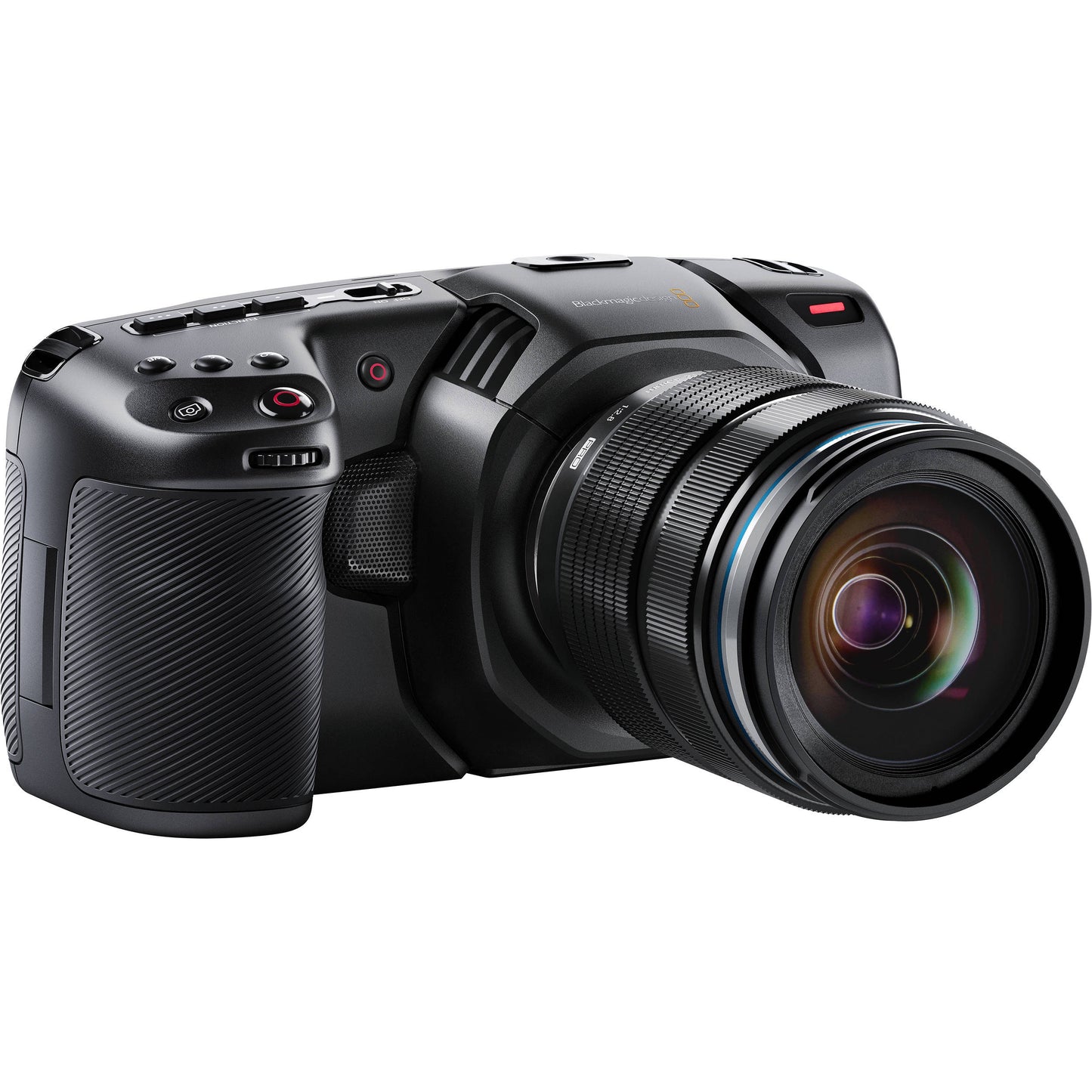 Blackmagic Design Pocket Cinema Camera 4K three-quarter view showing ribbed hand grip and record button