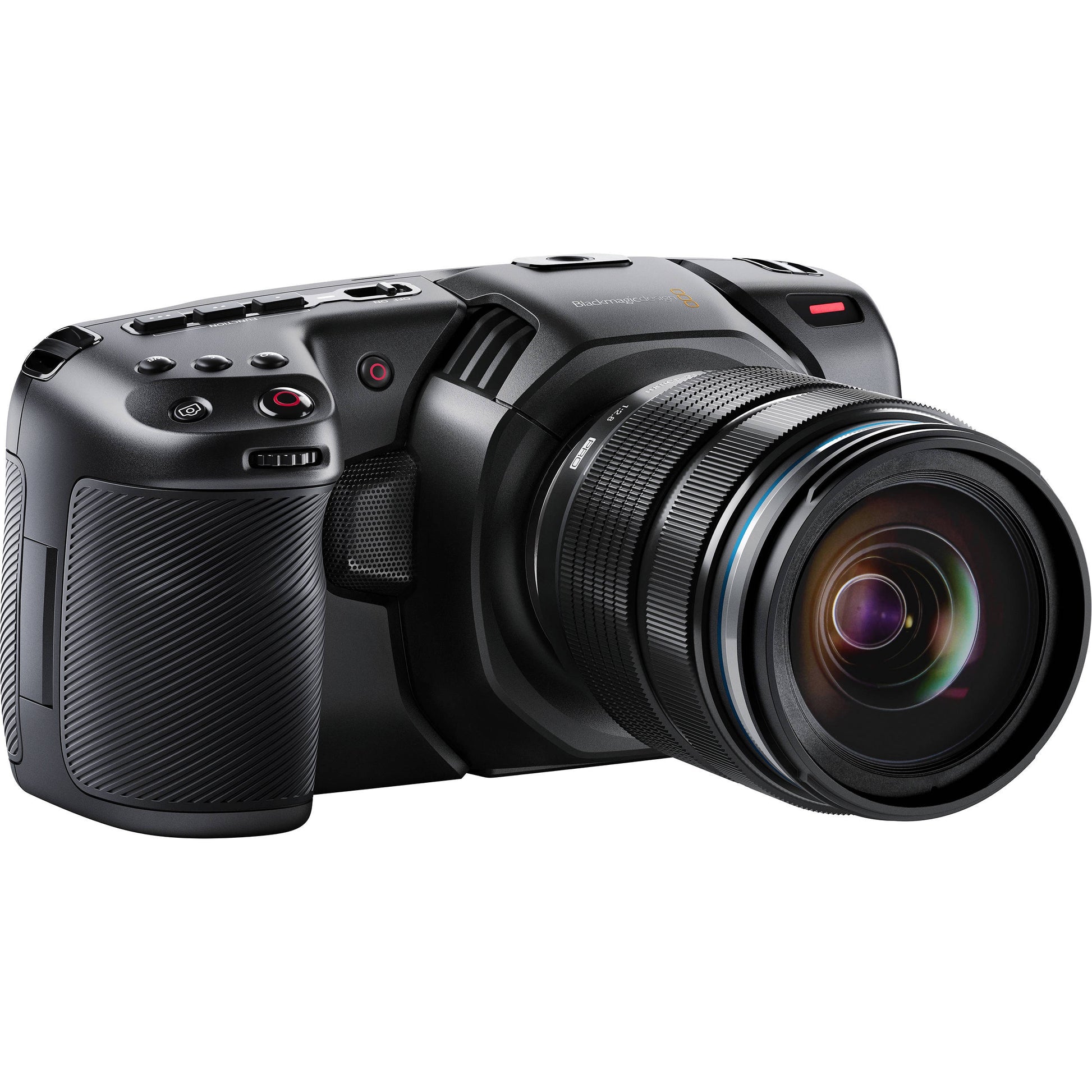 Blackmagic Design Pocket Cinema Camera 4K three-quarter view showing ribbed hand grip and record button