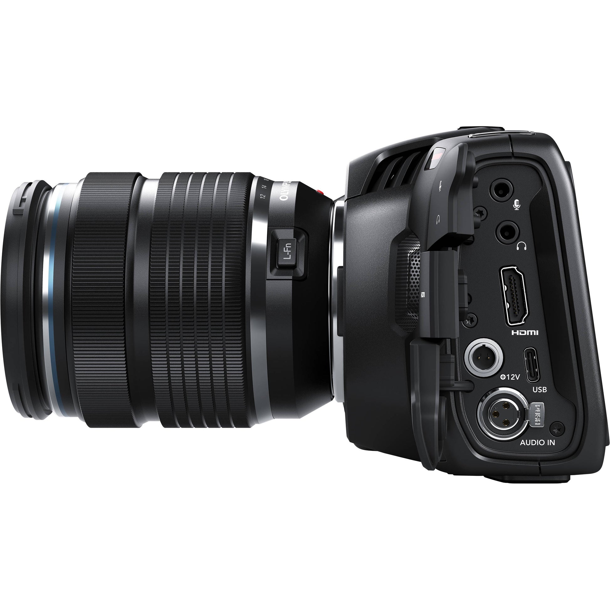 Blackmagic Design Pocket Cinema Camera 4K side connector panel with mic, headphone, HDMI, 12V, USB and audio in