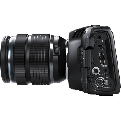 Blackmagic Design Pocket Cinema Camera 4K side connector panel with mic, headphone, HDMI, 12V, USB and audio in