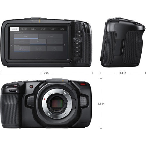Blackmagic Design Pocket Cinema Camera 4K dimension diagram showing rear menu screen, side and front views