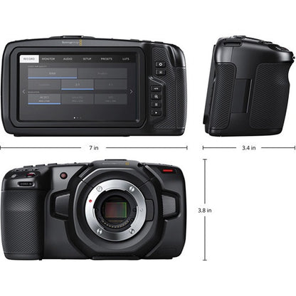 Blackmagic Design Pocket Cinema Camera 4K dimension diagram showing rear menu screen, side and front views