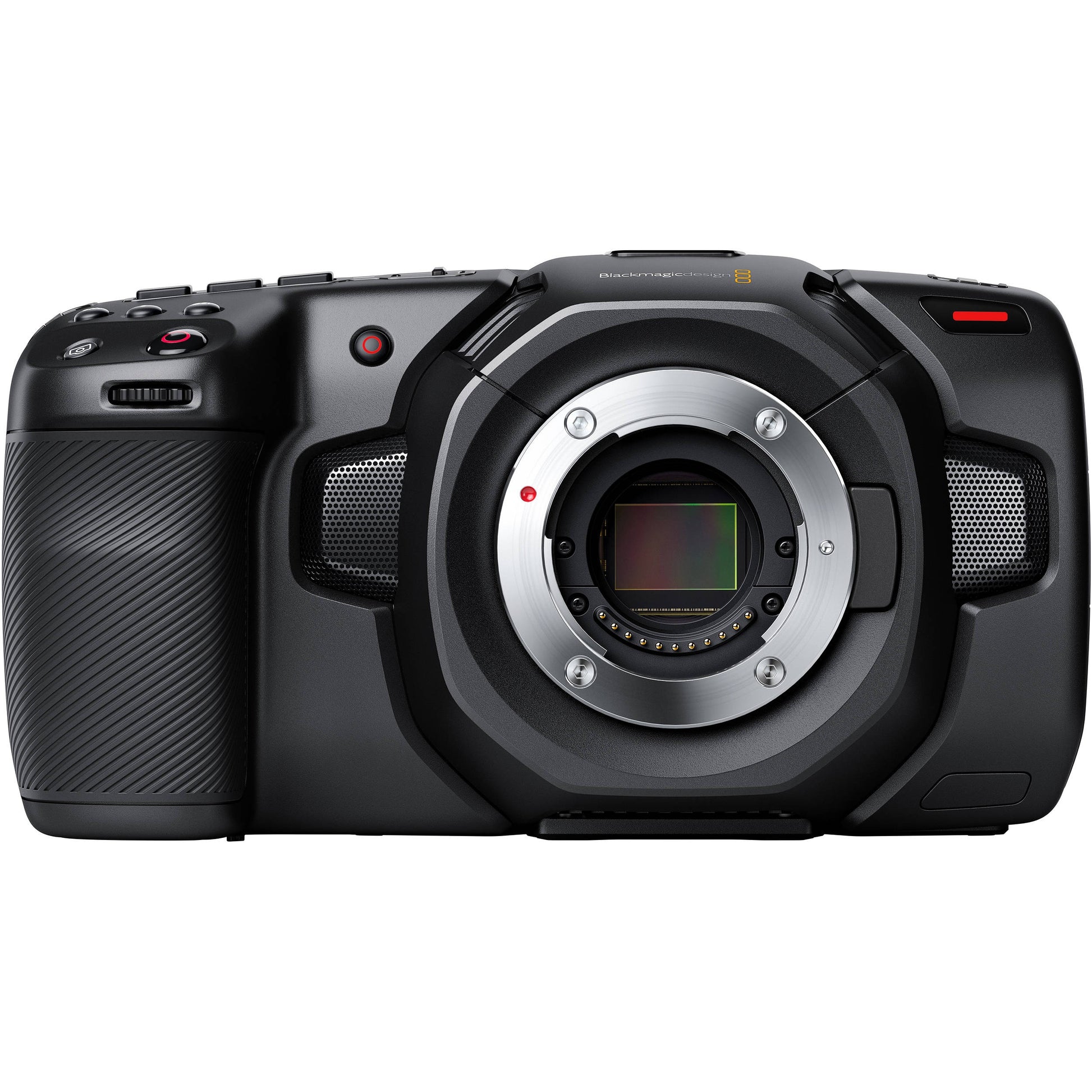 Blackmagic Design Pocket Cinema Camera 4K straight-on front view of bare lens mount and built-in mic ports