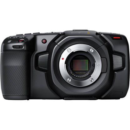 Blackmagic Design Pocket Cinema Camera 4K straight-on front view of bare lens mount and built-in mic ports