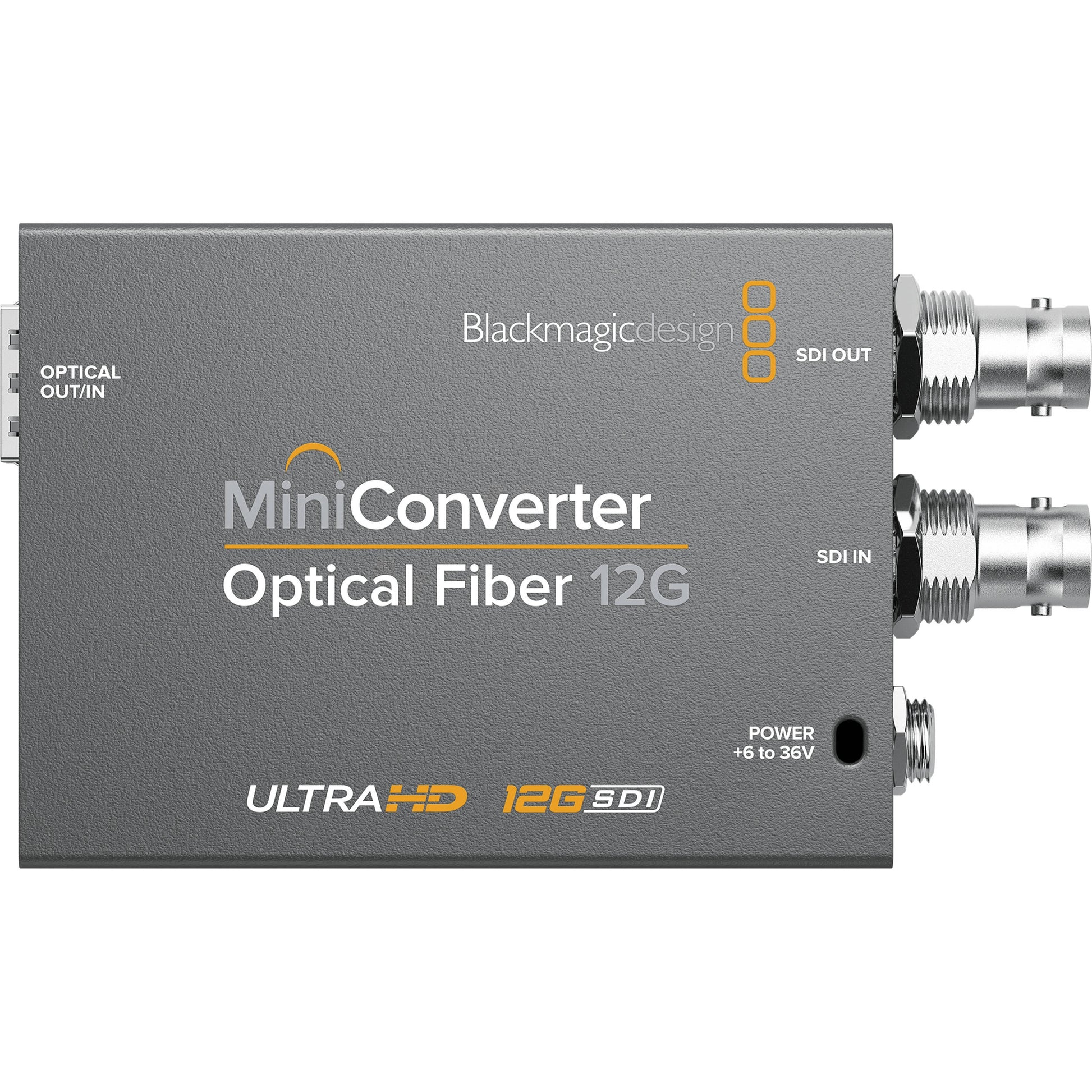 Blackmagic Design Mini Converter Optical Fiber 12G top view with SDI IN, SDI OUT and power labels