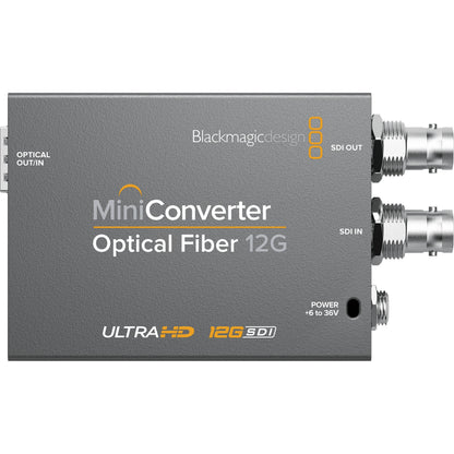 Blackmagic Design Mini Converter Optical Fiber 12G top view with SDI IN, SDI OUT and power labels