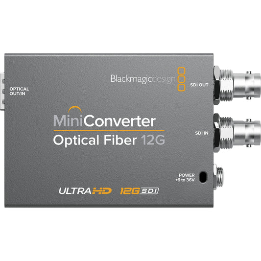 Blackmagic Design Mini Converter Optical Fiber 12G top view with SDI IN, SDI OUT and power labels